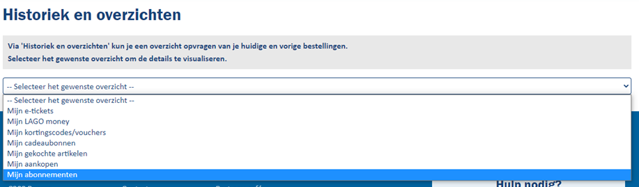 Historiek en overzichten mijn abonnementen selectie